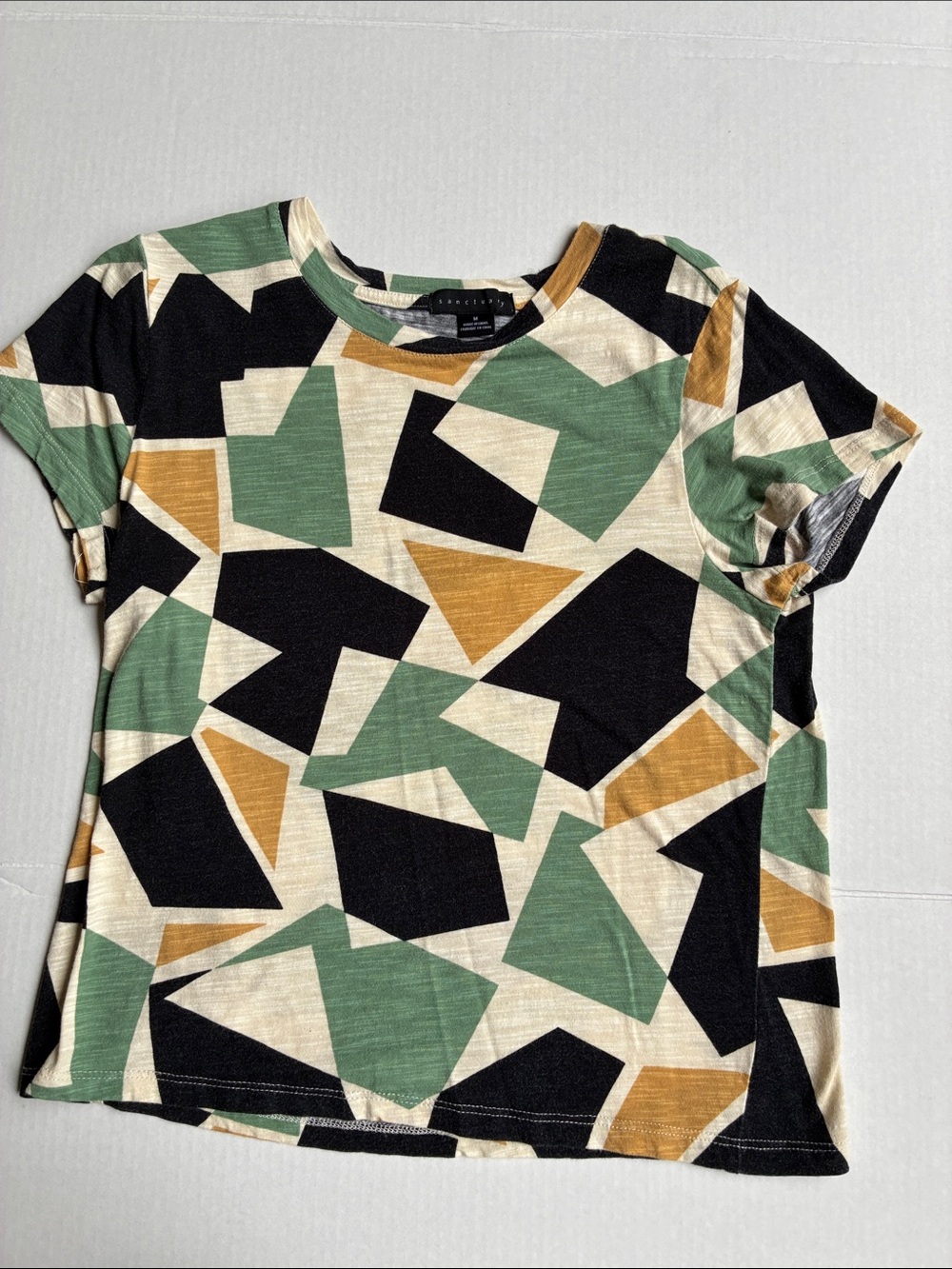 Sanctuary Geo Block Print Short Sleeve Top - Green/Black/Cream/Brown
